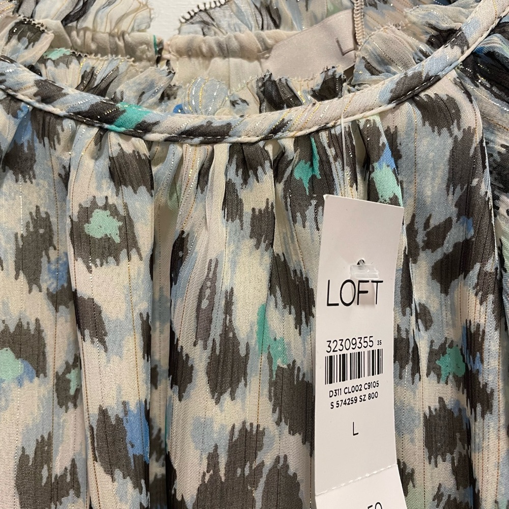 NWT Loft Shimmer Animal Print Ruffle Shell, Large - Picture 8 of 8